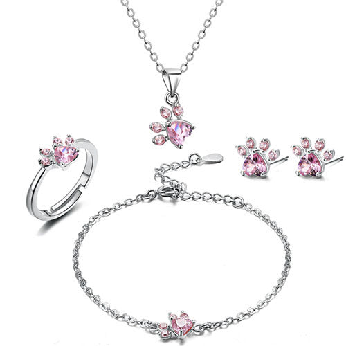 Roze Gouden Poot Sieraden Set – 4 Stukken met Zirkonia Hart (Ring, Ketting, Oorbellen, Armband)