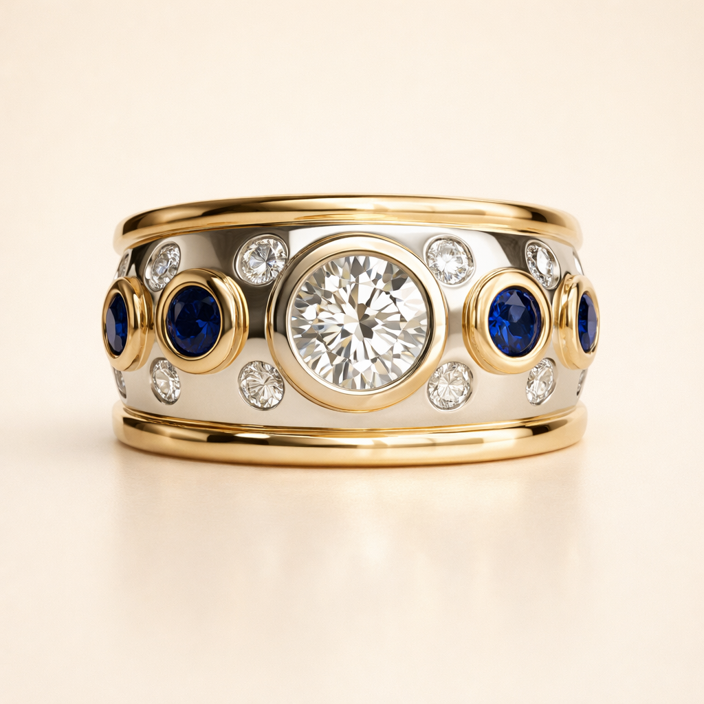 Vintage brede gouden ring met stenen