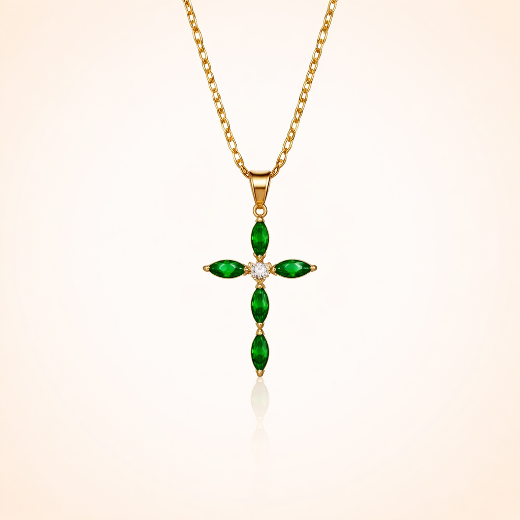 Elegante gouden ketting met smaragd kruis ontwerp