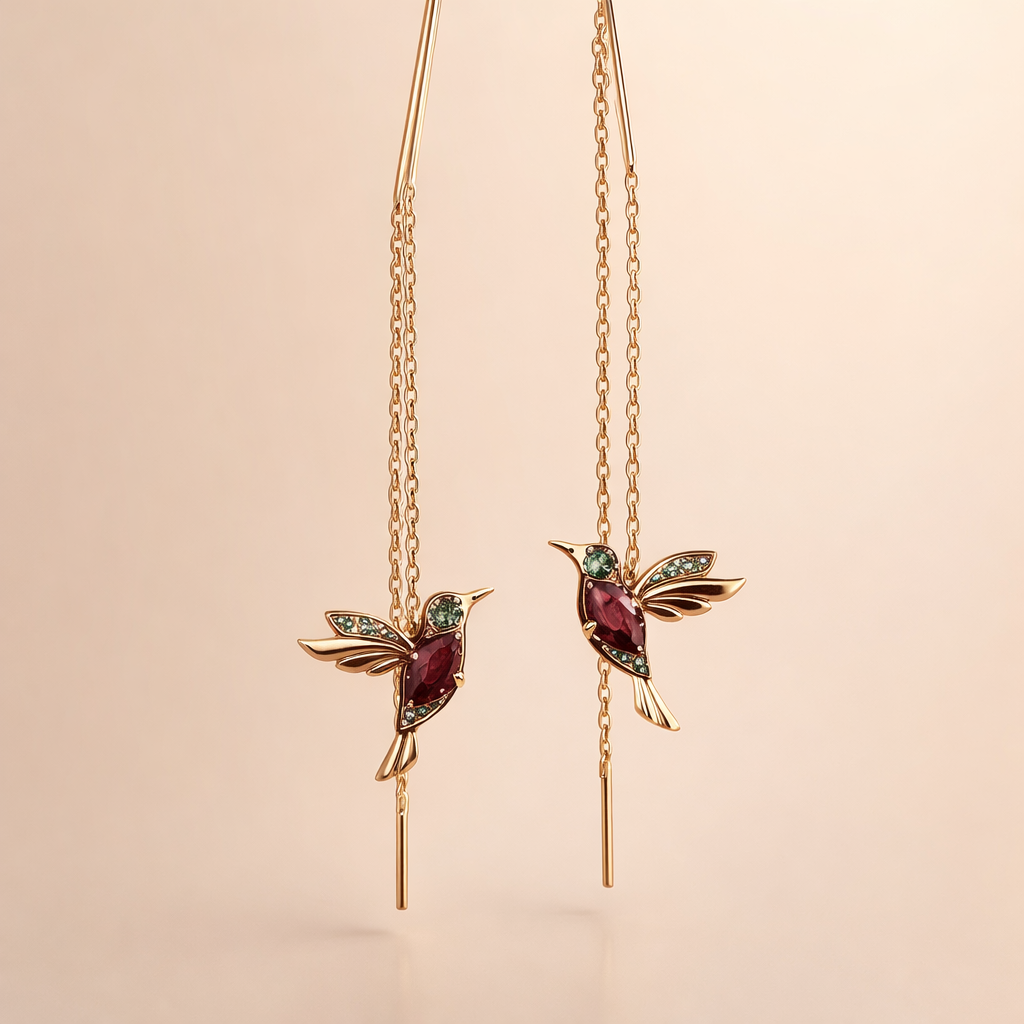 Elegante gouden oorbellen met zirkonia en emaille kolibrie