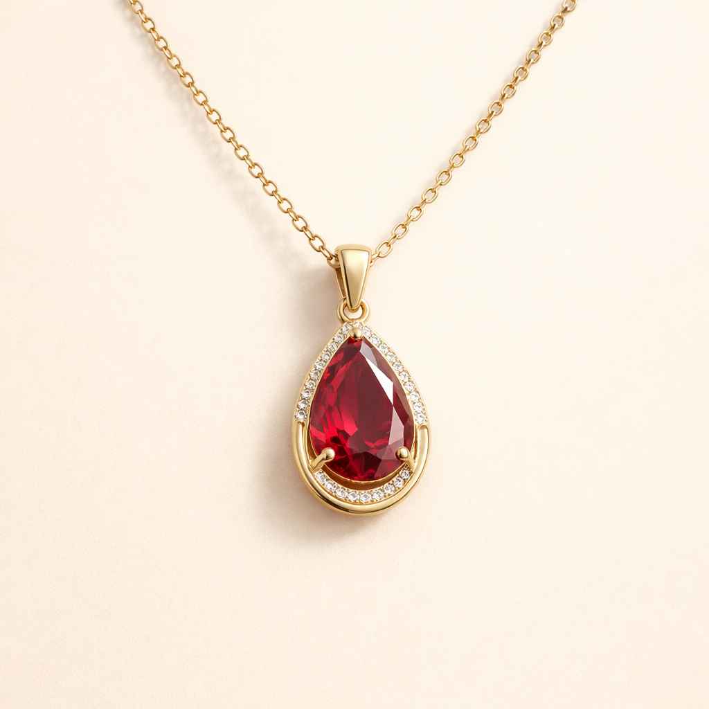 Elegante gouden ketting met rubijnen druppel hanger