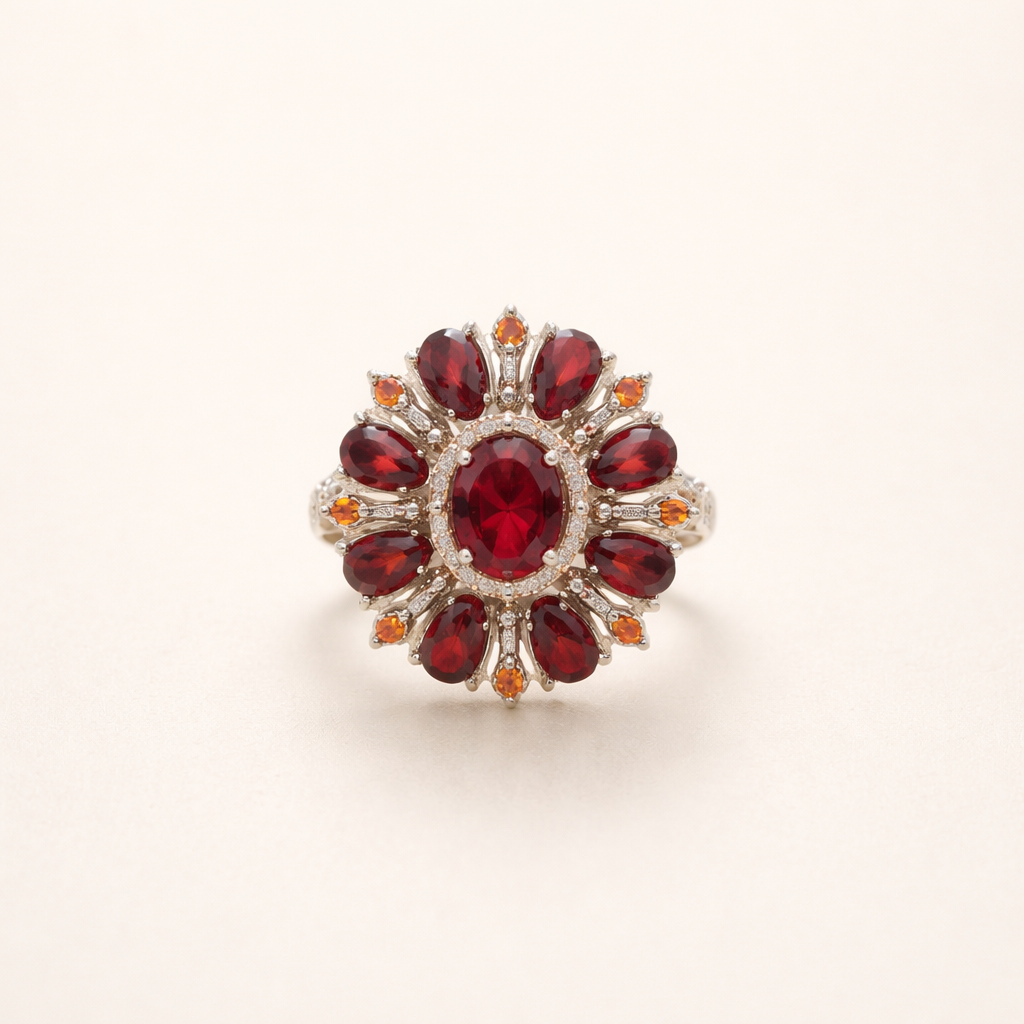 Elegante gouden ring met scharlaken bloemblaadjes
