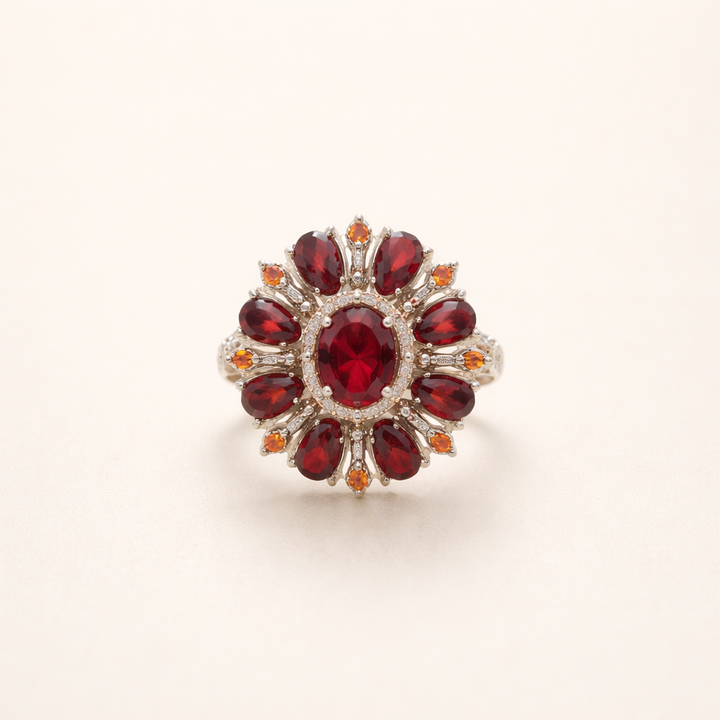 Elegante gouden ring met scharlaken bloemblaadjes