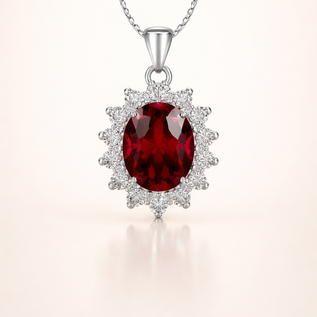 Elegante witgouden ketting met ruby halo