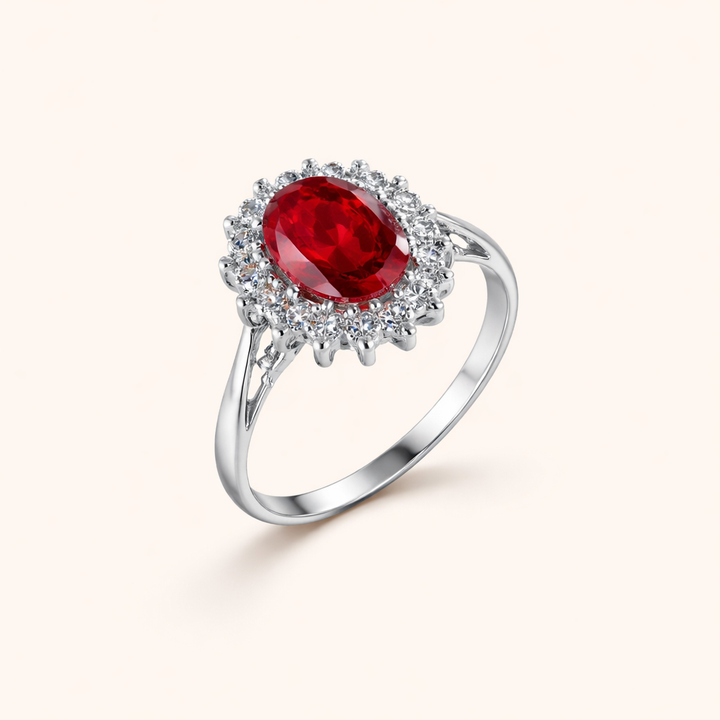 Elegante ring van wit goud met robijn halo