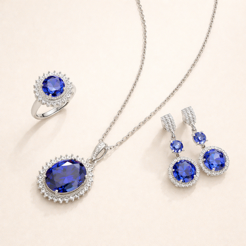 Elegante witte gouden ketting met blauwe zirkonia
