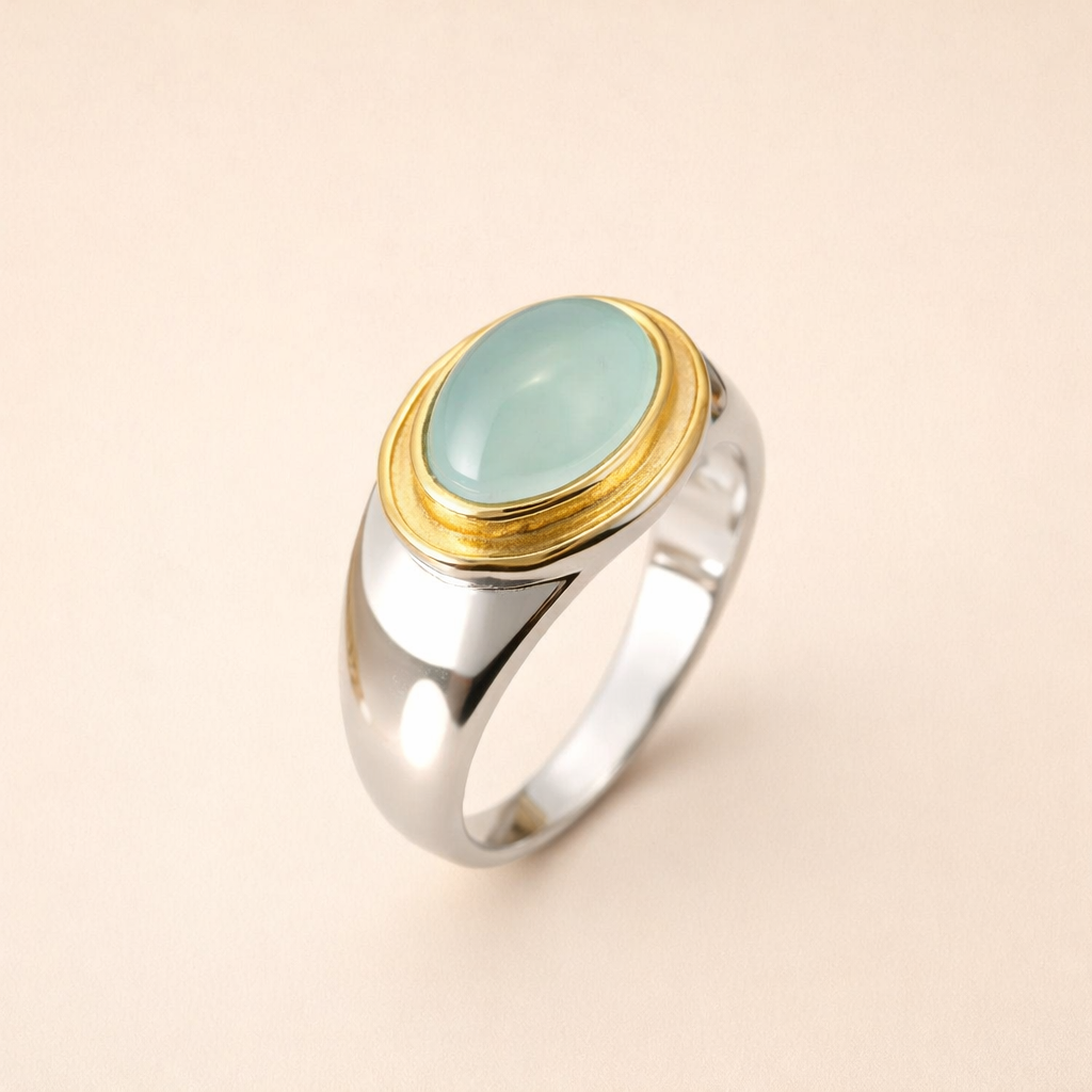 Elegante groene maansteenring in verguld zilver