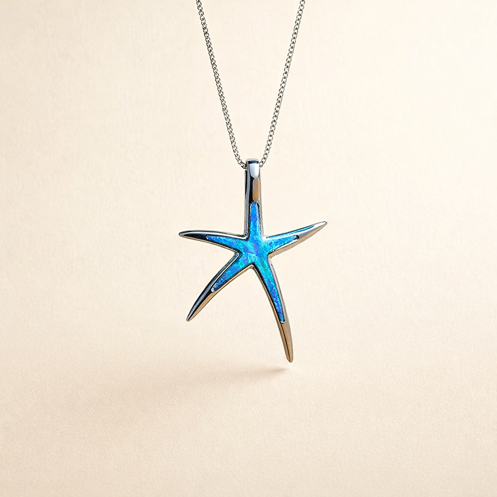 Zilveren ketting met blauwe opal en zeester detail