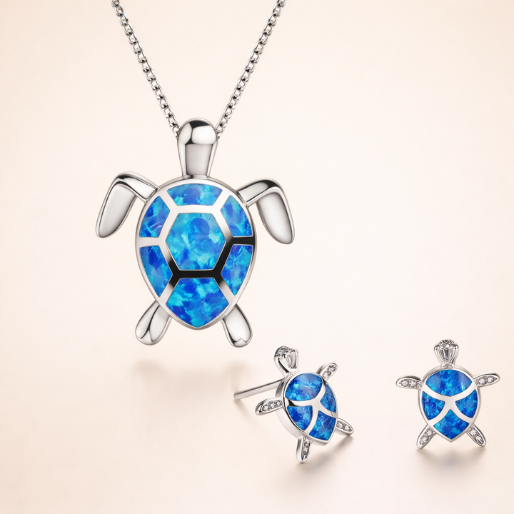 Zeewater Schildpad Ketting + Oorbellen Set in Opal en Zilver