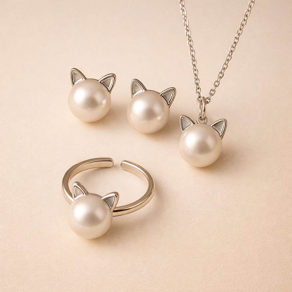 Mooie Parel Kat Ketting met Bonus Oorbellen + Ring