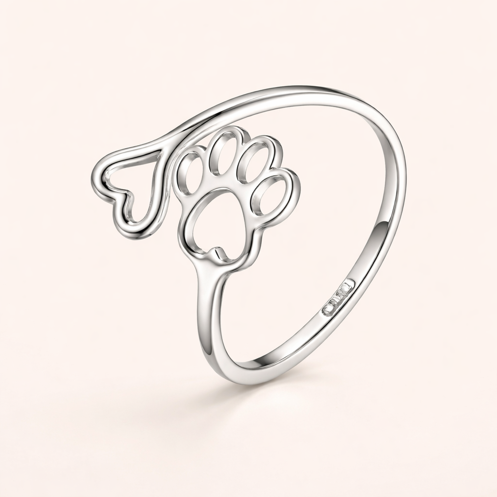 Handgemaakte Poot & Hart Ring – Verstelbaar 925 Sterling Zilver