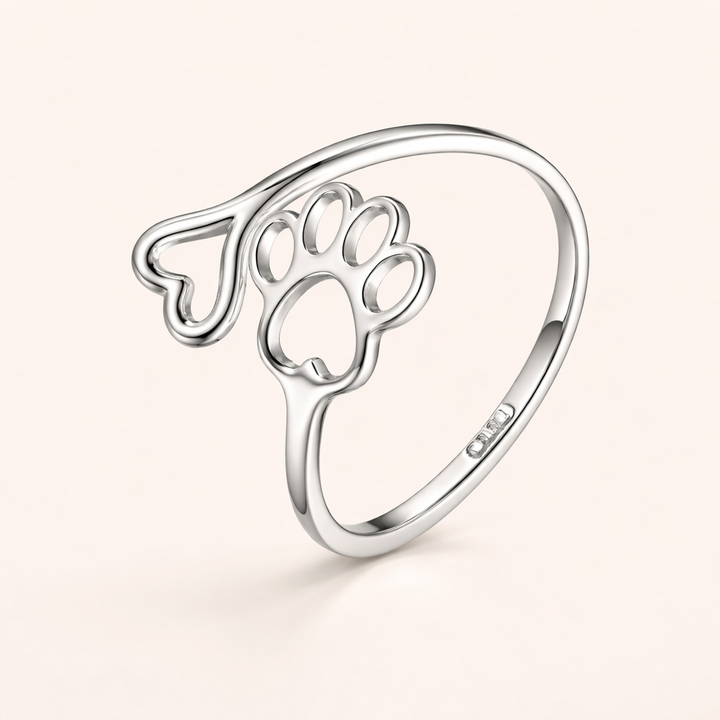 Handgemaakte Poot & Hart Ring – Verstelbaar 925 Sterling Zilver