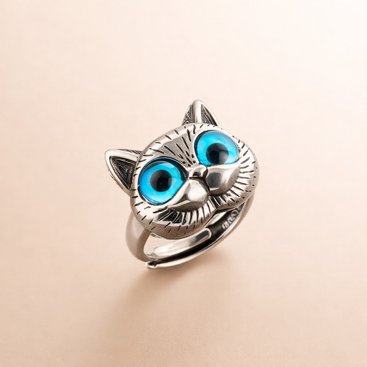 Blauwe-Ogen Kat Ring – Speelse Vintage Zilveren Dierenring voor Kattenliefhebbers