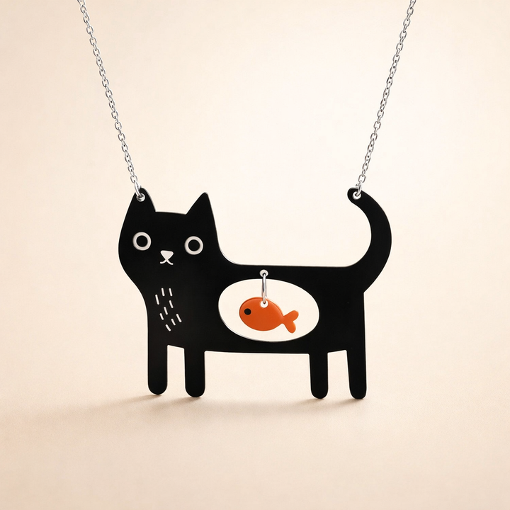 Speelse Kat & Vis Acryl Hanger Ketting