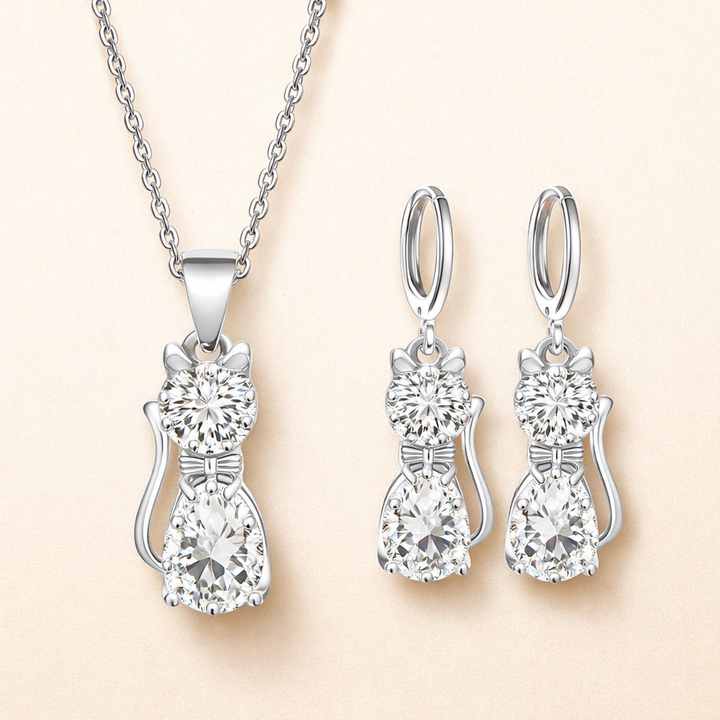 Set Ketting + Oorbellen Blije Katten in Sterling Zilver en Gepolijst Wit Zirkonium