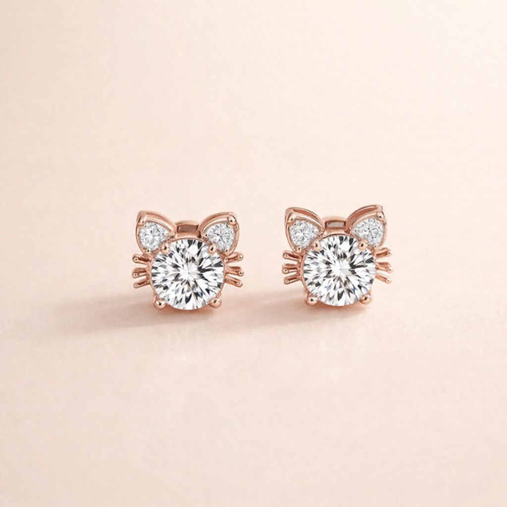 Moissanite Roze Gouden Kat Stud Oorbellen in 925 Sterling Zilver