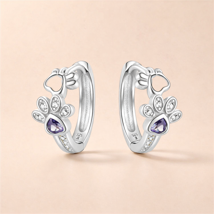 Paw Huggie Oorbellen in 925 Sterling Zilver – Met Zirkonia en Hart Edelsteen