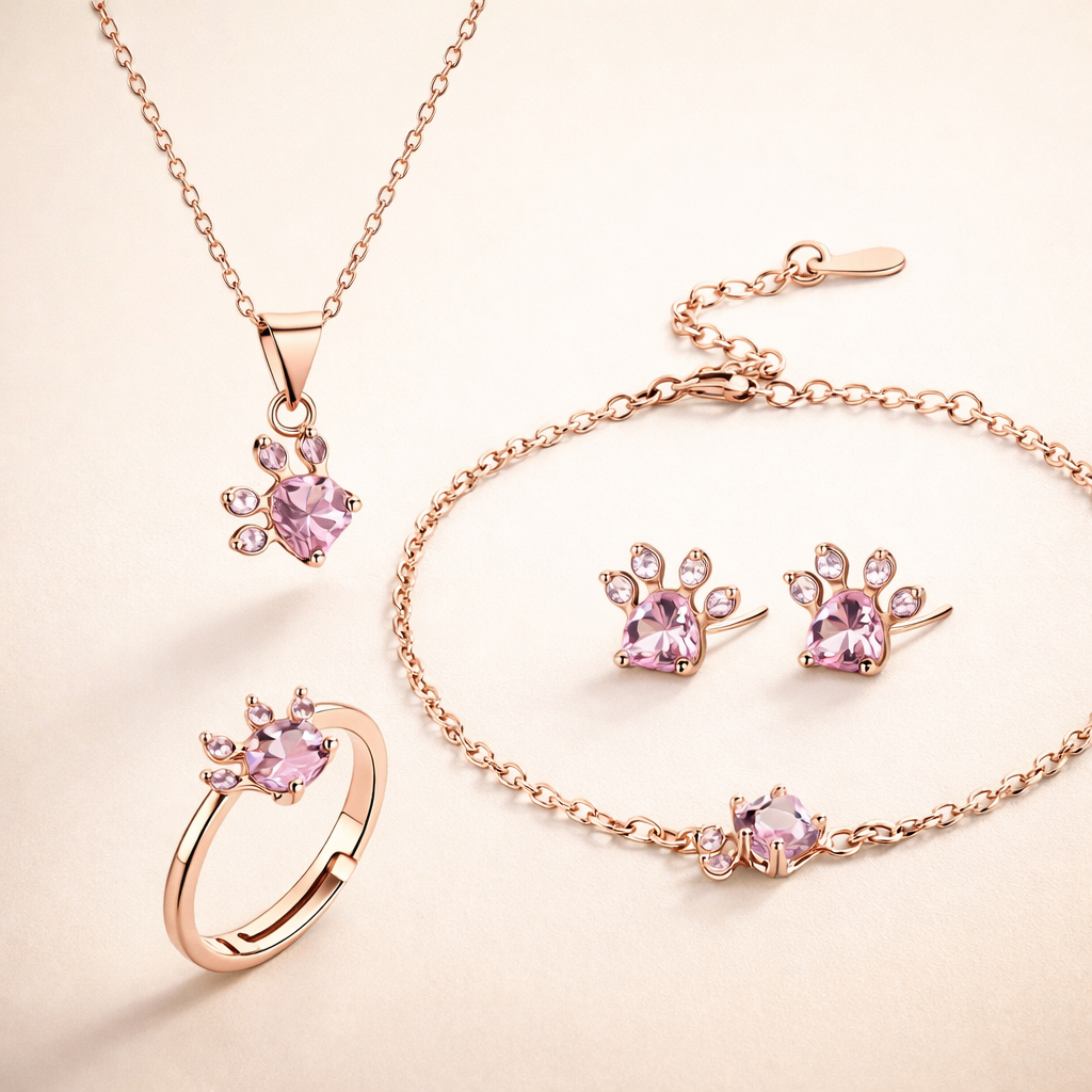 Roze Gouden Poot Sieraden Set – 4 Stukken met Zirkonia Hart (Ring, Ketting, Oorbellen, Armband)