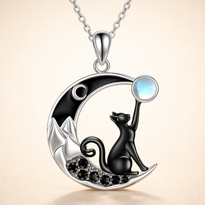 Zwarte Kat Maan Kristallen Hanger Ketting