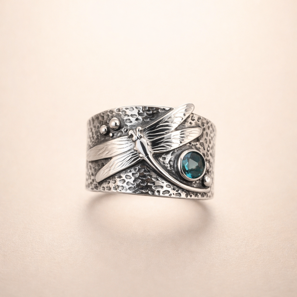 Vintage Blauw Kristallen Libelle Zilveren Ring
