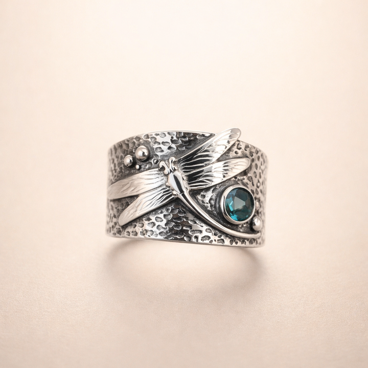 Vintage Blauw Kristallen Libelle Zilveren Ring