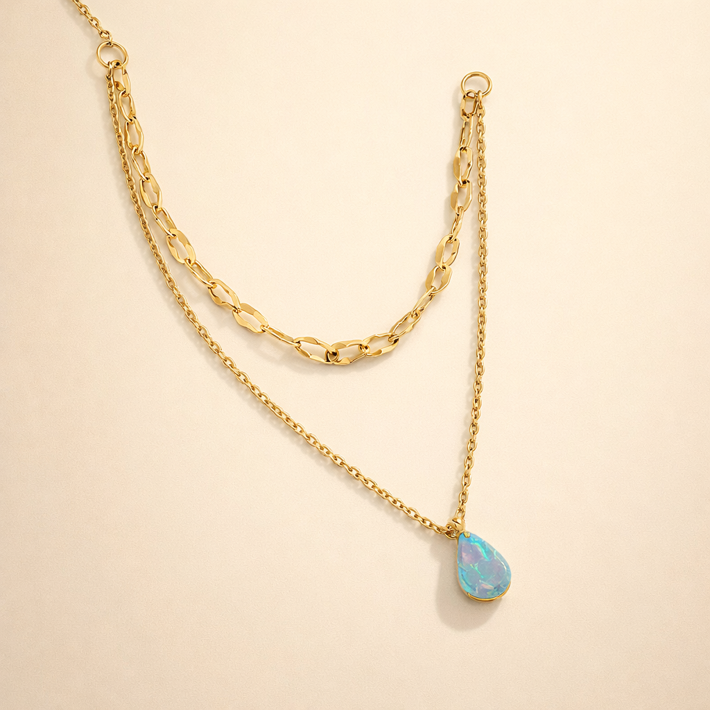 Blauwe Opal Druppel Gelaagde Ketting
