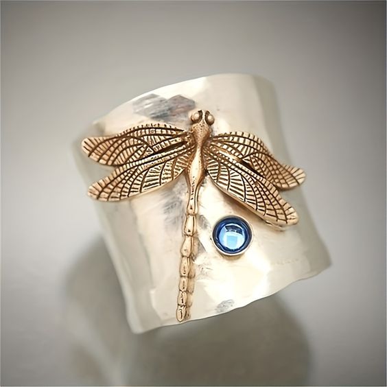 Vintage Gouden Libelle Zilveren Ring