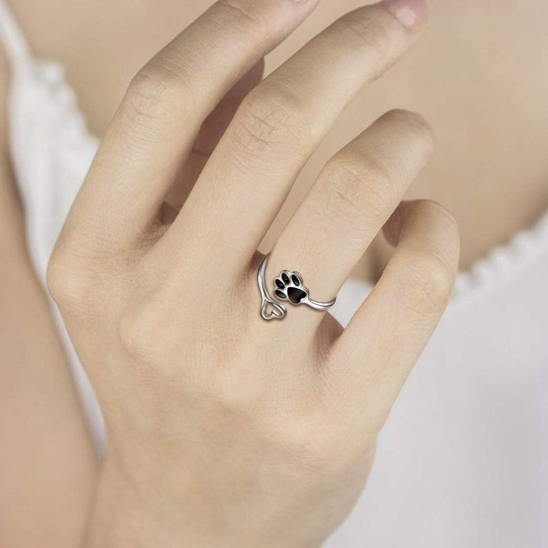 Handgemaakte Poot & Hart Ring – Verstelbaar 925 Sterling Zilver