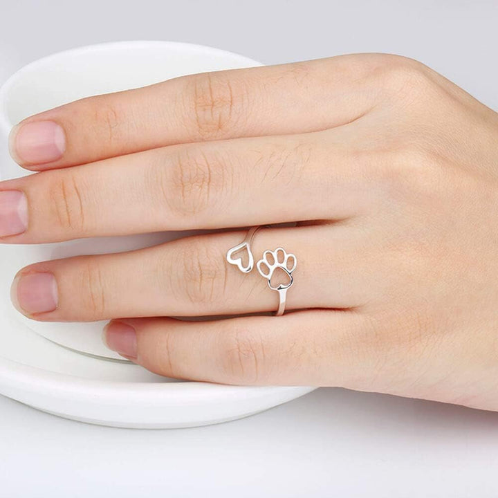 Handgemaakte Poot & Hart Ring – Verstelbaar 925 Sterling Zilver
