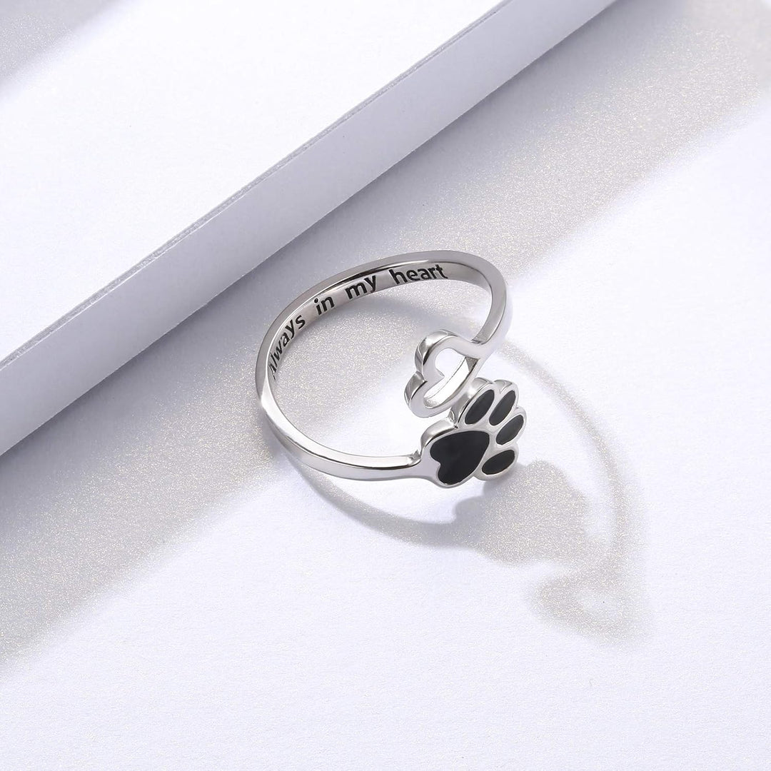 Handgemaakte Poot & Hart Ring – Verstelbaar 925 Sterling Zilver