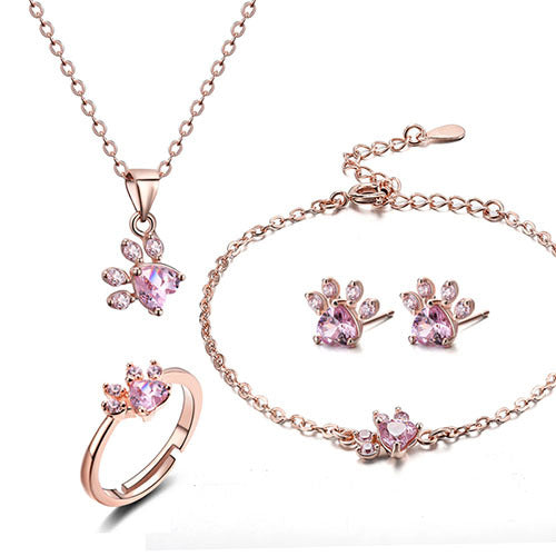 Roze Gouden Poot Sieraden Set – 4 Stukken met Zirkonia Hart (Ring, Ketting, Oorbellen, Armband)