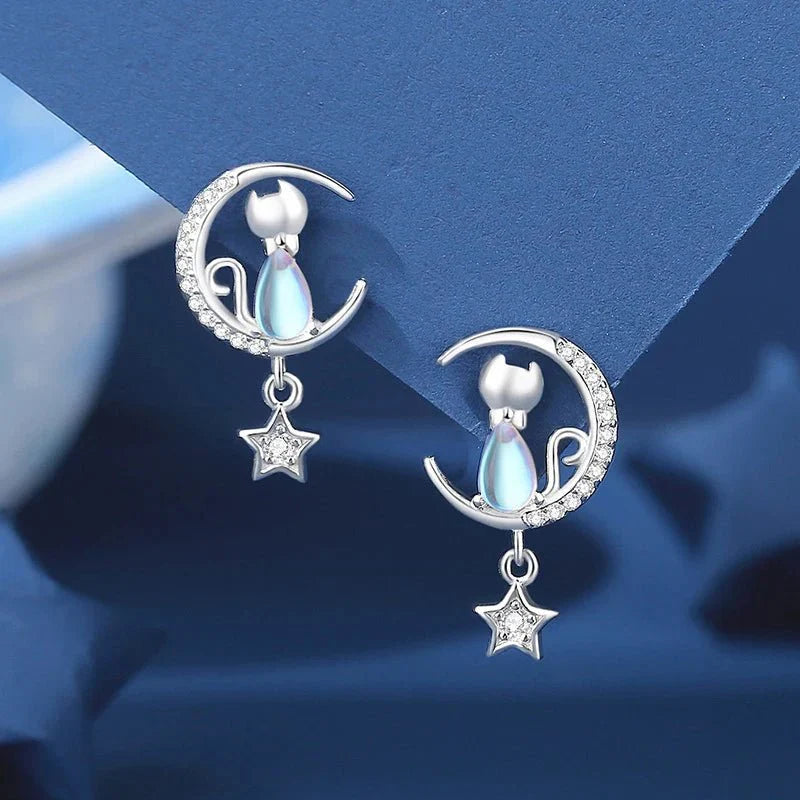 925 Sterling zilveren Maan & Ster Kat Oorbellen Met Zirkonia