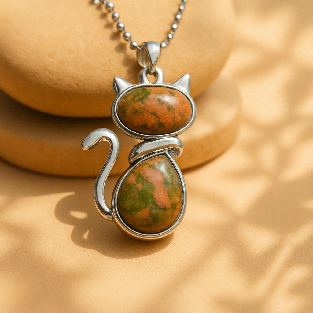 Elegante halsketting van natuurlijke stenen met kattenhanger