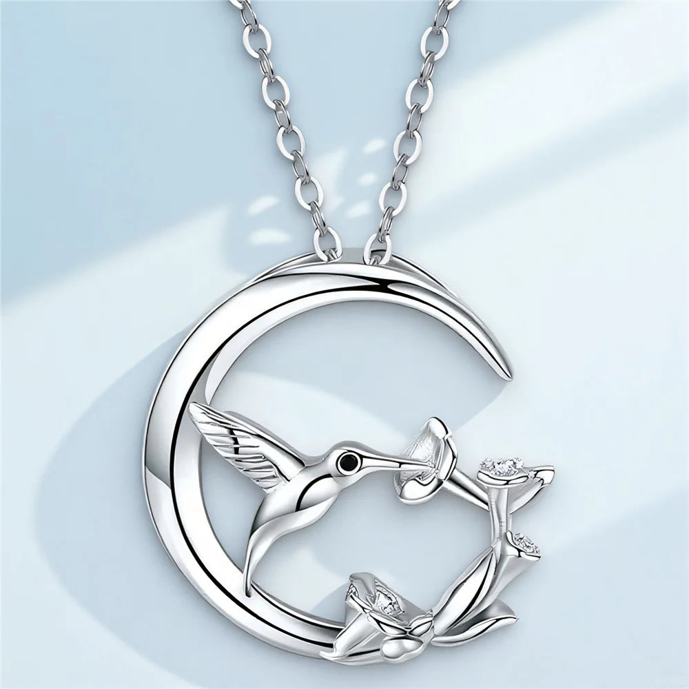 Maan Vogel Vintage Zilveren Hanger Ketting