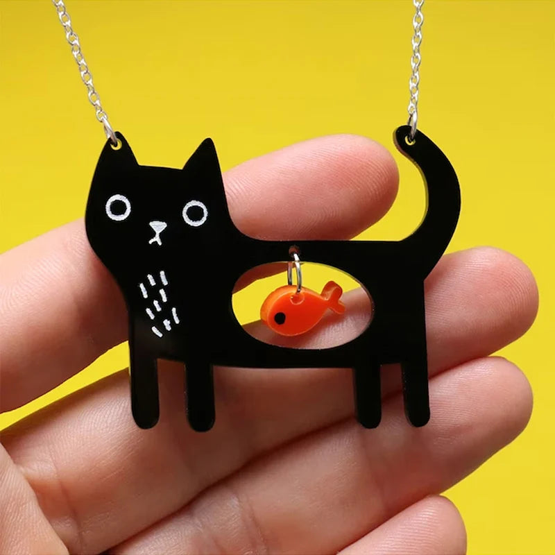 Speelse Kat & Vis Acryl Hanger Ketting