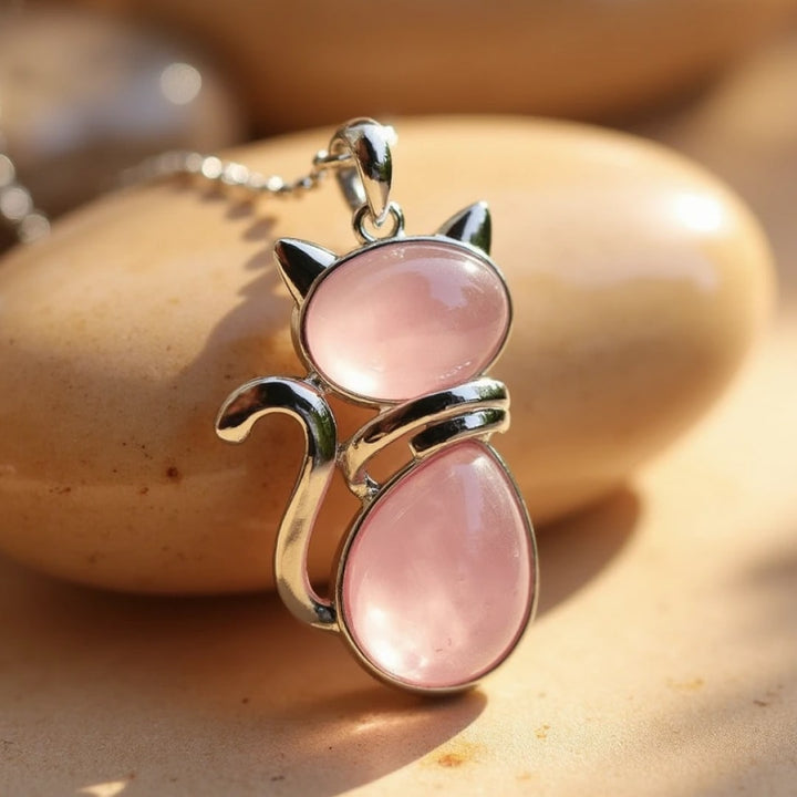 Elegante halsketting van natuurlijke stenen met kattenhanger