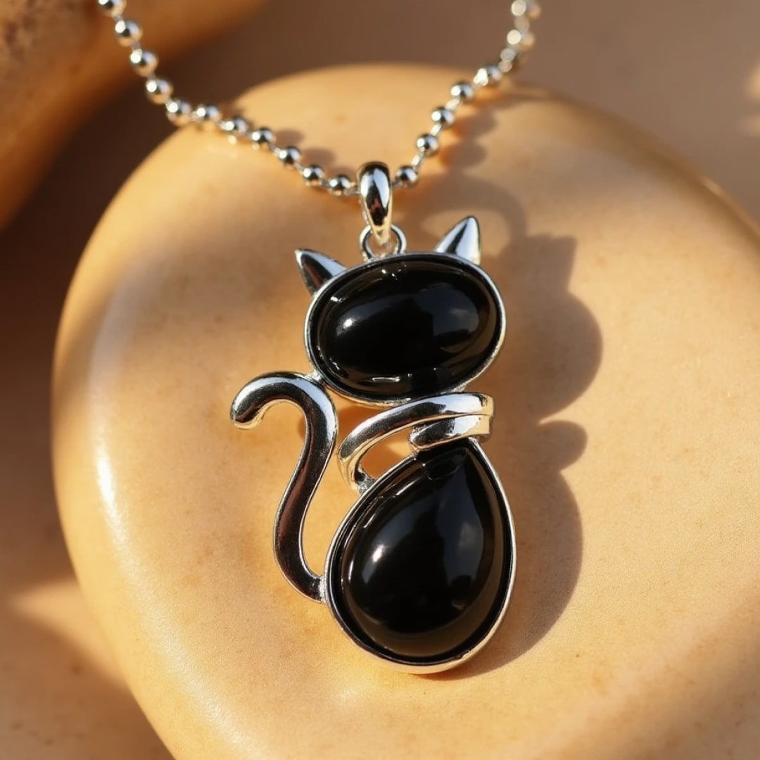 Elegante halsketting van natuurlijke stenen met kattenhanger