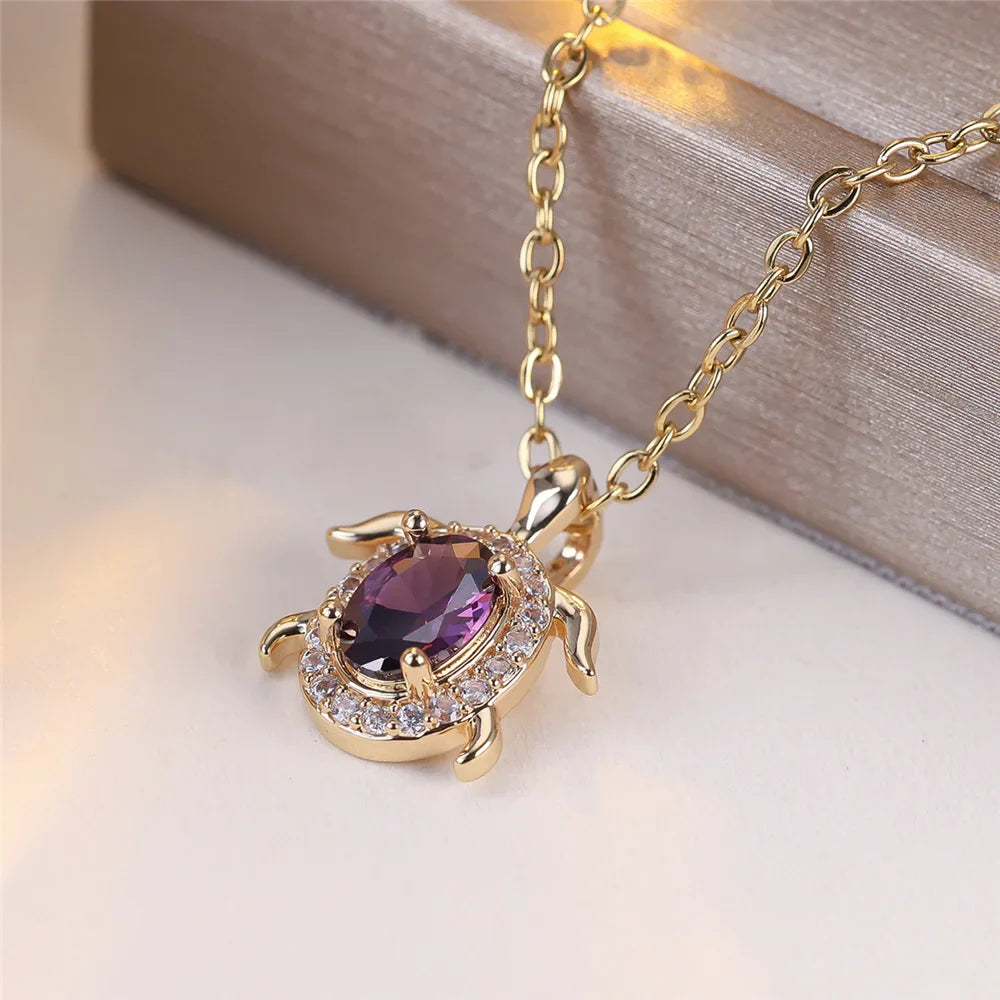 Paarse Kristallen Schildpad Hanger Ketting