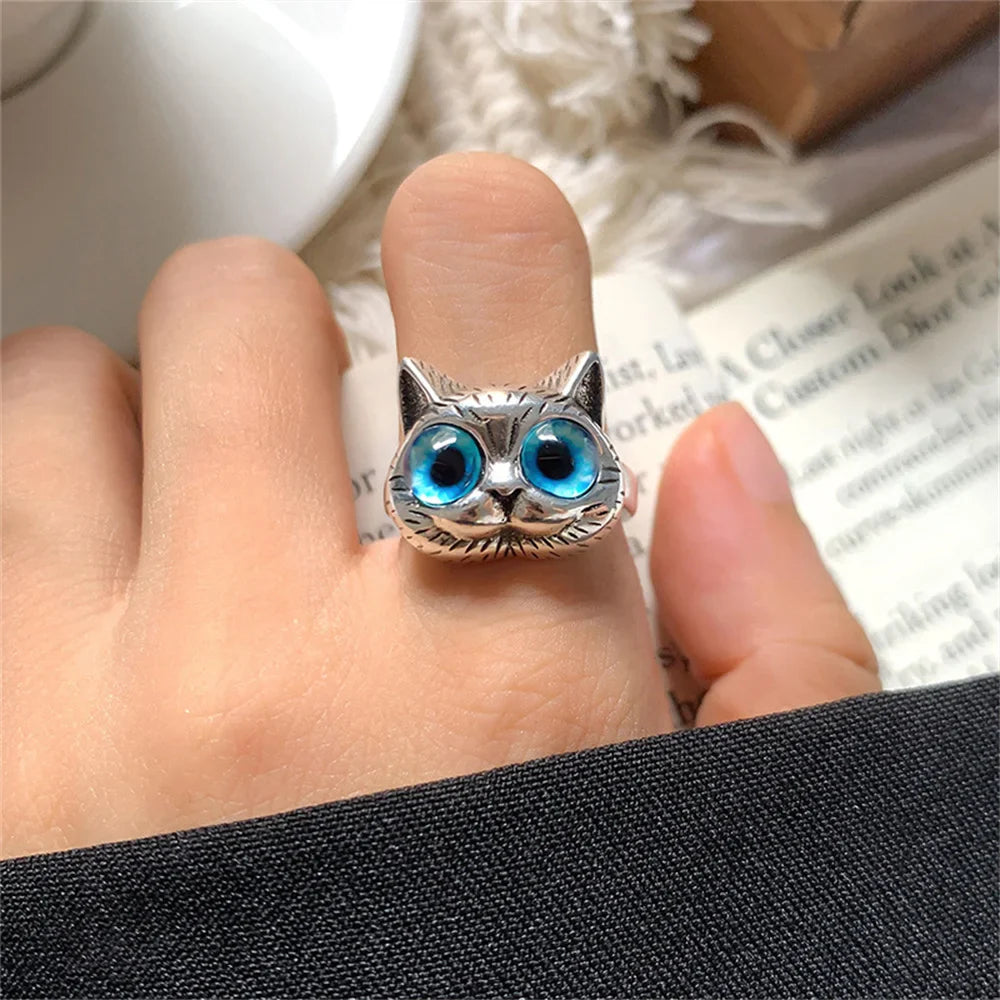 Blauwe-Ogen Kat Ring – Speelse Vintage Zilveren Dierenring voor Kattenliefhebbers