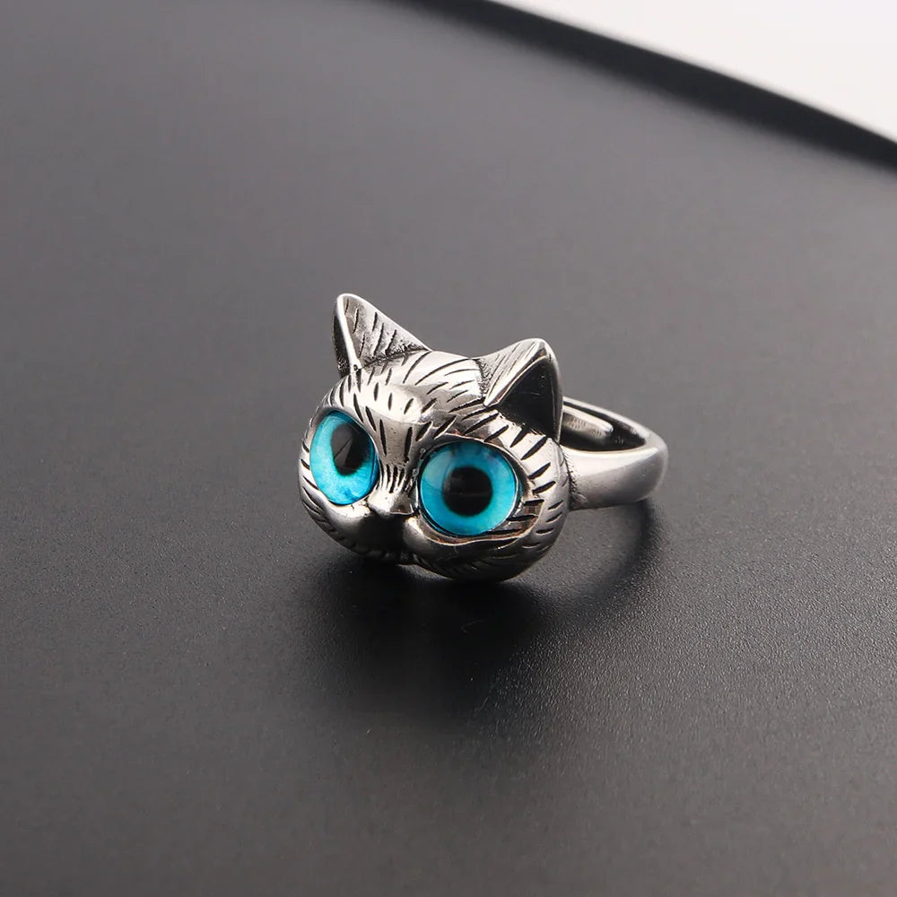 Blauwe-Ogen Kat Ring – Speelse Vintage Zilveren Dierenring voor Kattenliefhebbers