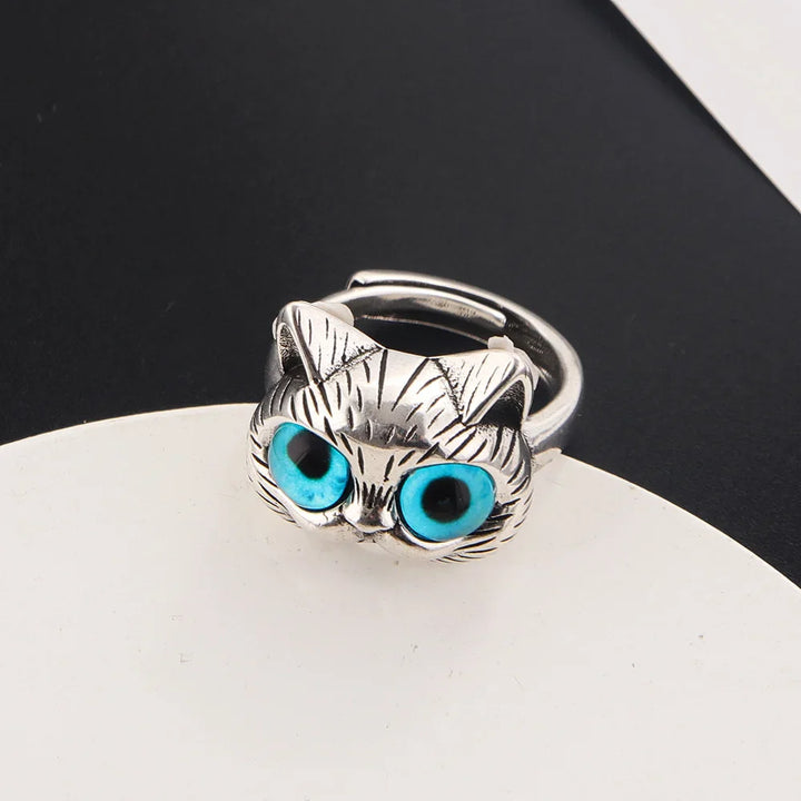 Blauwe-Ogen Kat Ring – Speelse Vintage Zilveren Dierenring voor Kattenliefhebbers