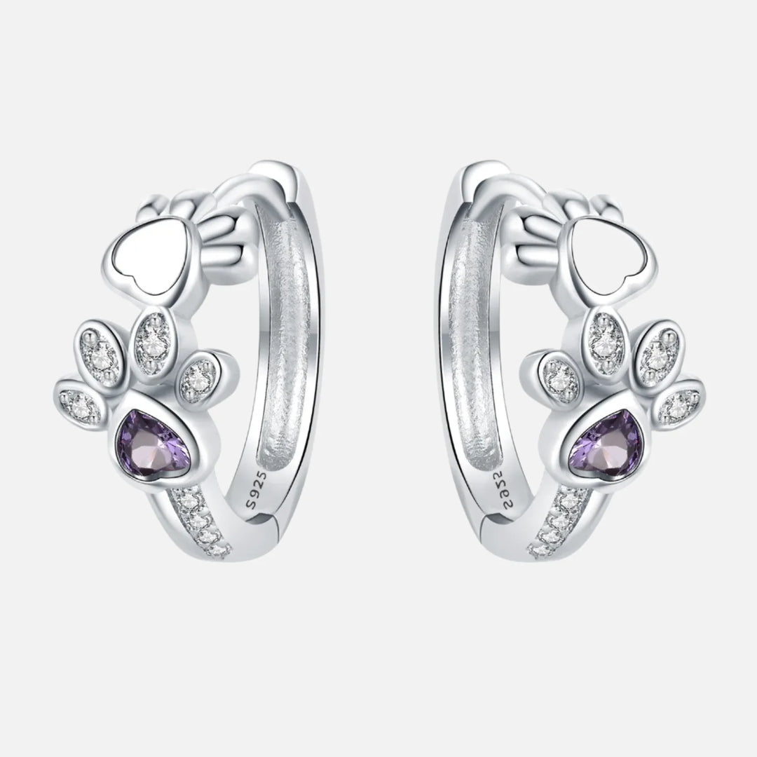 Paw Huggie Oorbellen in 925 Sterling Zilver – Met Zirkonia en Hart Edelsteen