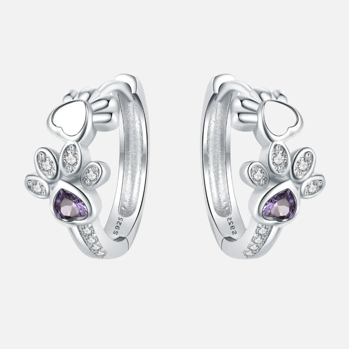 Paw Huggie Oorbellen in 925 Sterling Zilver – Met Zirkonia en Hart Edelsteen