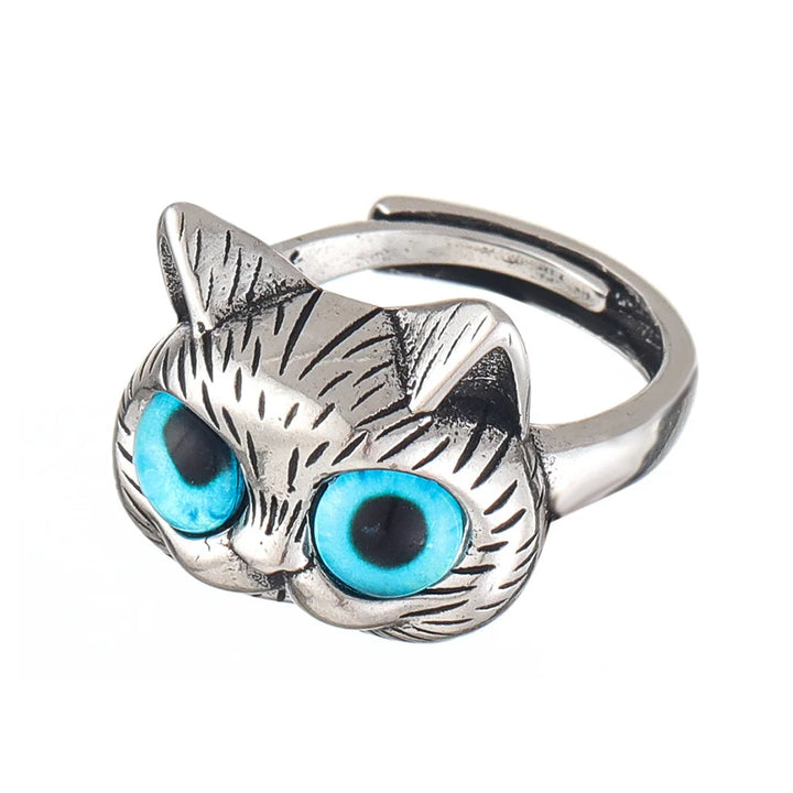 Blauwe-Ogen Kat Ring – Speelse Vintage Zilveren Dierenring voor Kattenliefhebbers