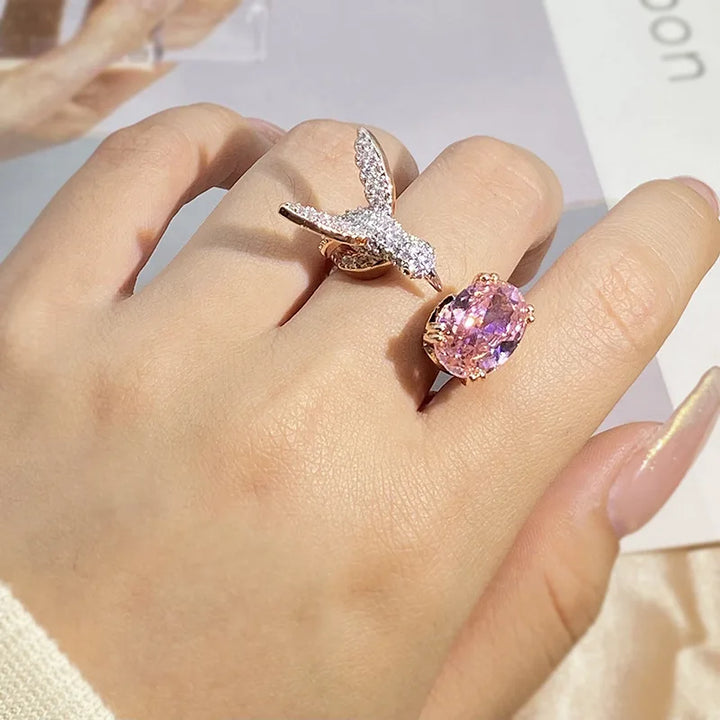 Verstelbare Hummingbird Edelsteenring – Zirkon, 14K Goud Verguld