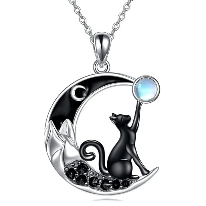 Zwarte Kat Maan Kristallen Hanger Ketting