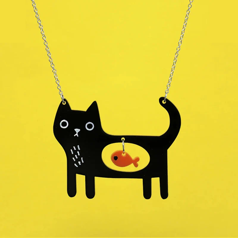 Speelse Kat & Vis Acryl Hanger Ketting