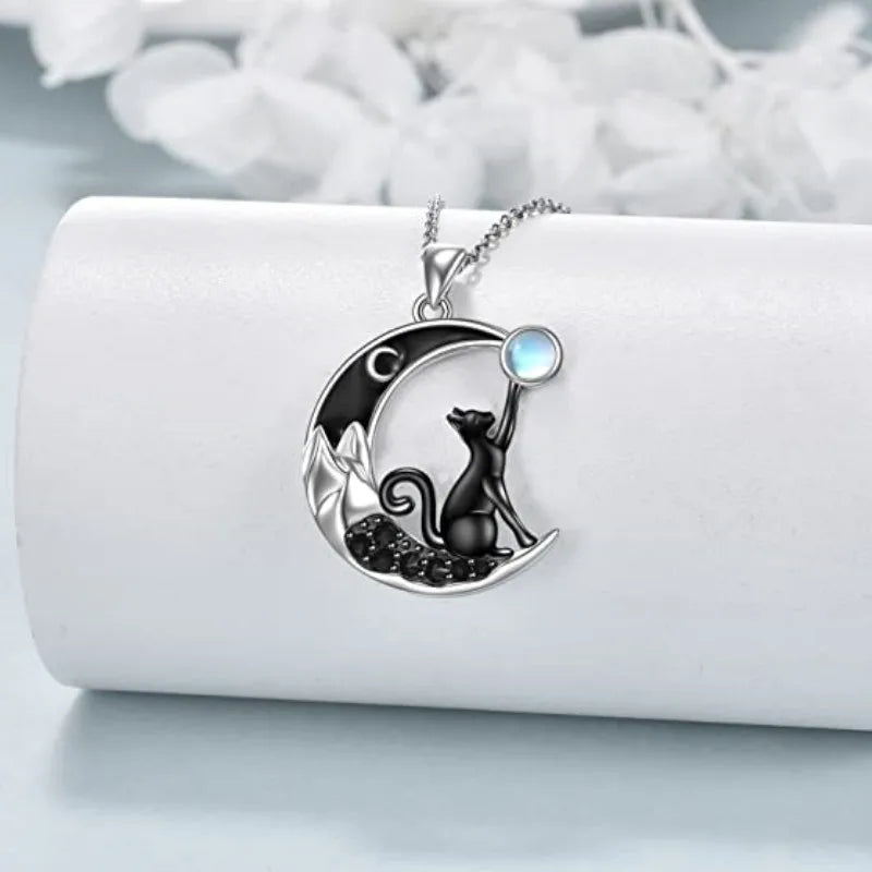 Zwarte Kat Maan Kristallen Hanger Ketting