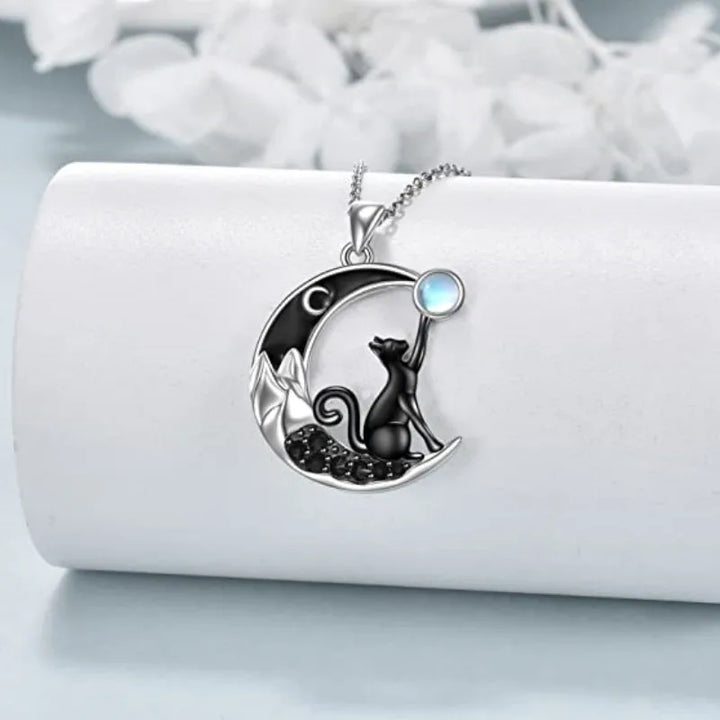 Zwarte Kat Maan Kristallen Hanger Ketting