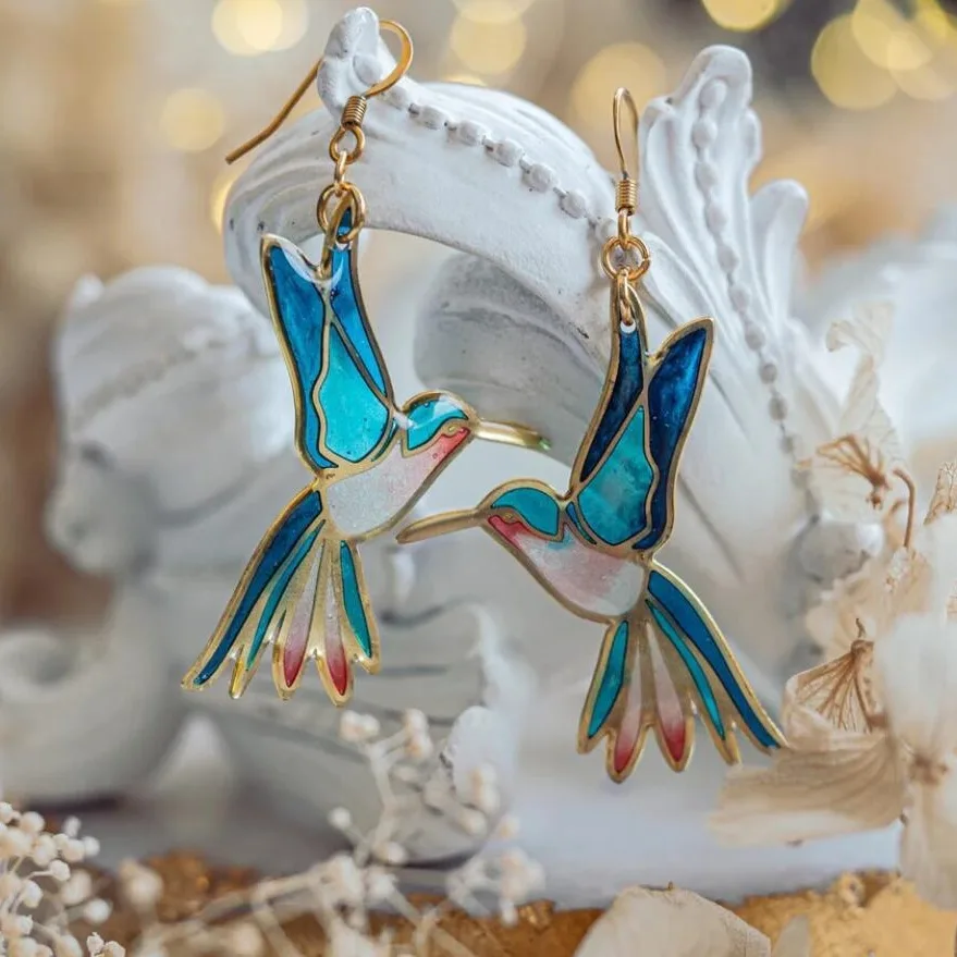 Graceful Hummingbird Blauwe Emaille Oorbellen